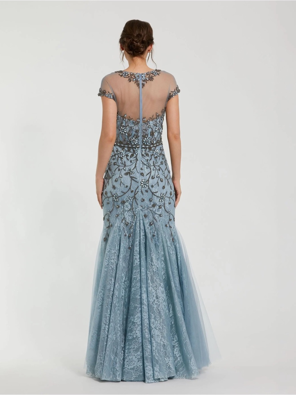 MAC DUGGAL Blue Embellished Lace Evening Gown with Illusion Neckline - Picture 3 of 14
